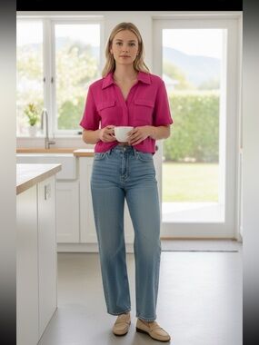 Rachel Zoe Hot Pink Cropped Button Shirt